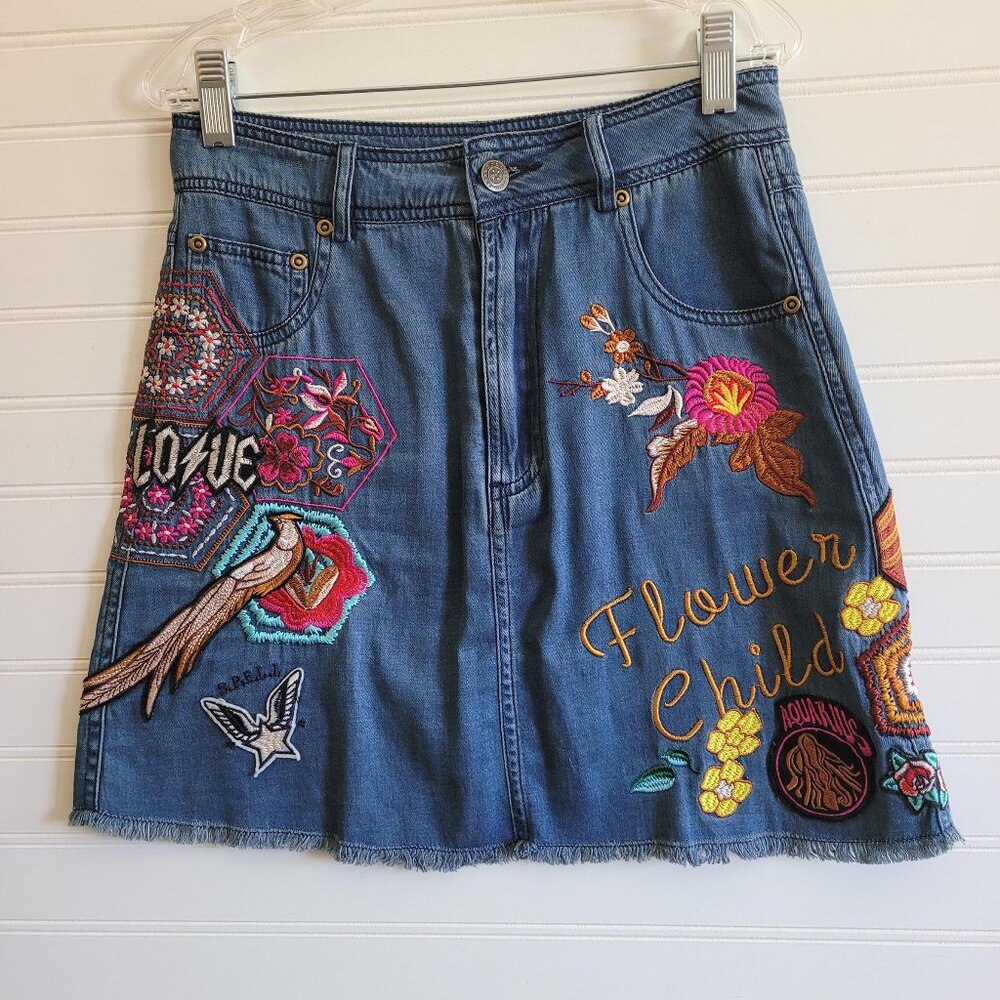 Spell Gypsy Jean Skirt Size Small Blue Flower Child Patches Embroidered Funky